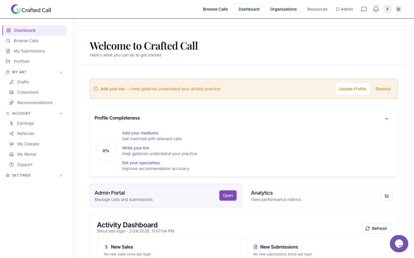 Artist dashboard overview